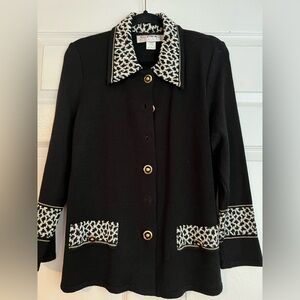 VINTAGE Eric Steven’s Black CARDIGAN with animal print on collar . Size 8/M